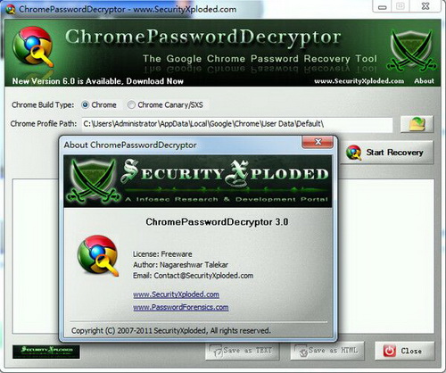ChromePasswordDecryptor (Chrome保存密码找回工具)